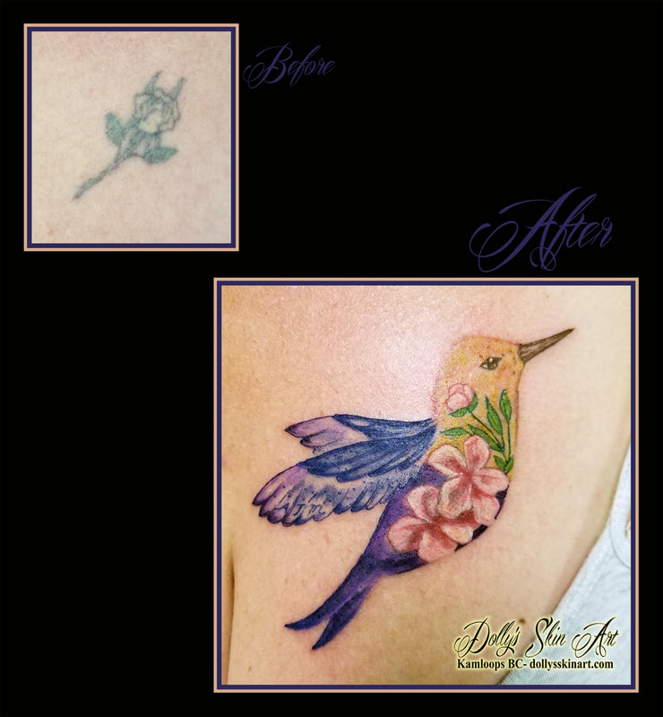 hummingbird tattoo cover up bird colour flowers yellow pink blue purple brown white green tattoo kamloops dolly's skin art