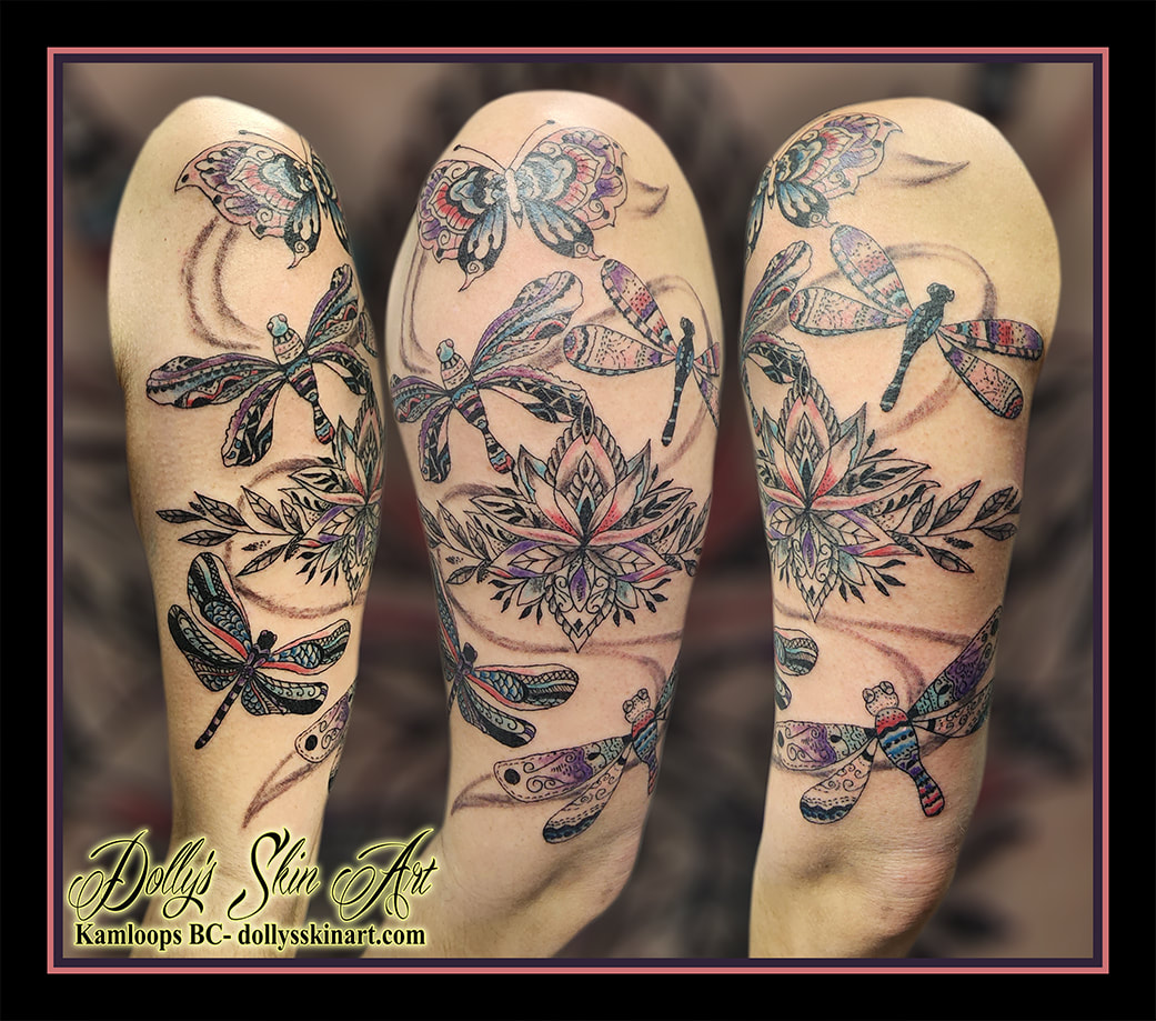 lotus tattoo dragonfly butterfly lonework colour pastel black pink blue purple pink red leaves bicep arm tattoo dolly's skin art kamloops british columbia