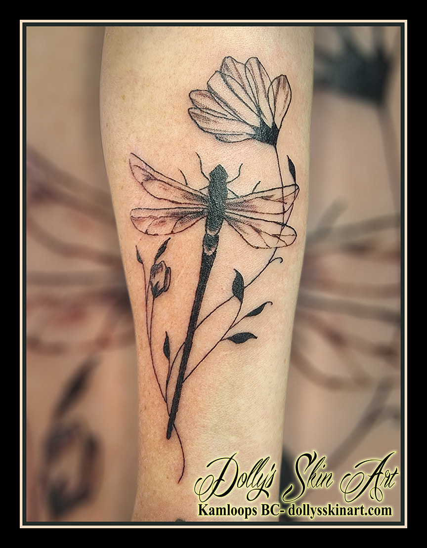 dragonfly tattoo flower black and grey shading forearm floral tattoo dolly's skin art kamloops british columbia