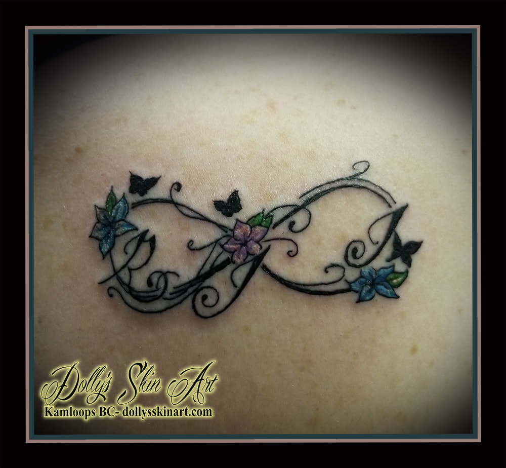infinity tattoo family butterflies flowers initials pink blue black white green tattoo kamloops dolly's skin art