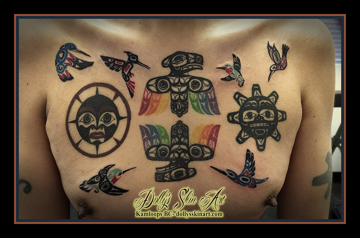 indigenous chest tattoo bird hummingbird sun colour black red orange yellow green blue purple teal tattoo dolly's skin art kamloops