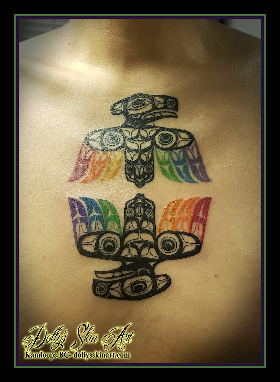 rainbow eagle tattoo indigenous art two-spirit pride red orange yellow green blue purple black chest tattoo dolly's skin art kamloops