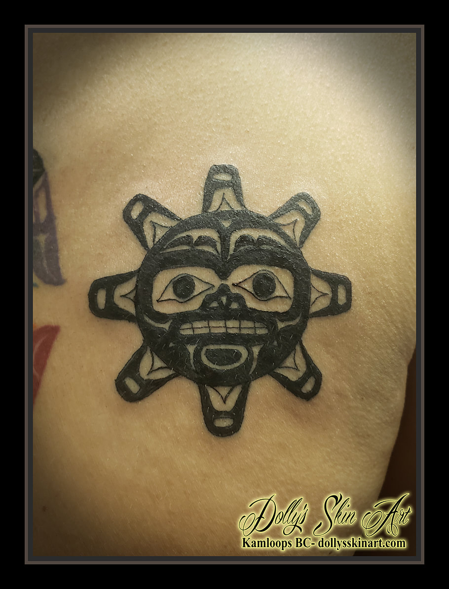 sun tattoo black chest indigenous style tattoo dolly's skin art kamloops