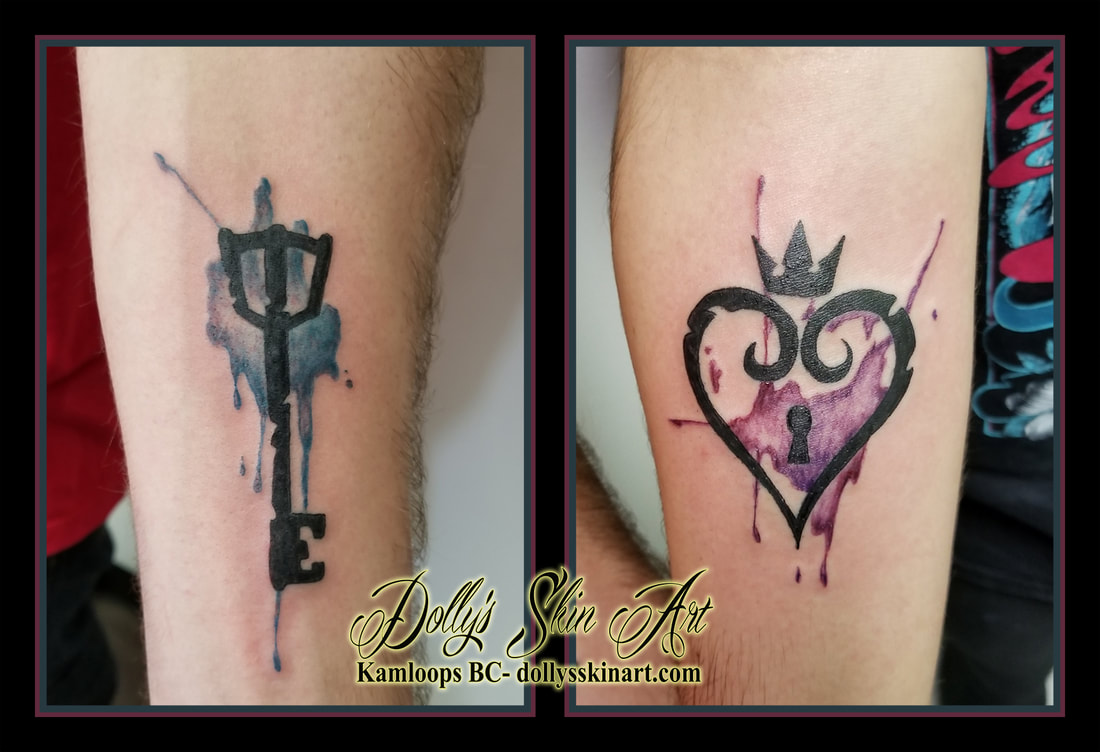 key heart locket black blue purple watercolour matching couple arm tattoo kamloops dolly's skin art