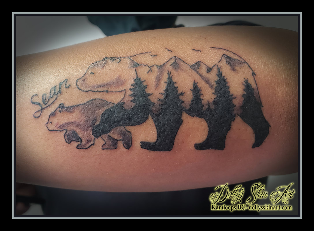 bear tattoo bear and cub black and grey forest trees shading forearm tattoo kamloops dolly's skin art