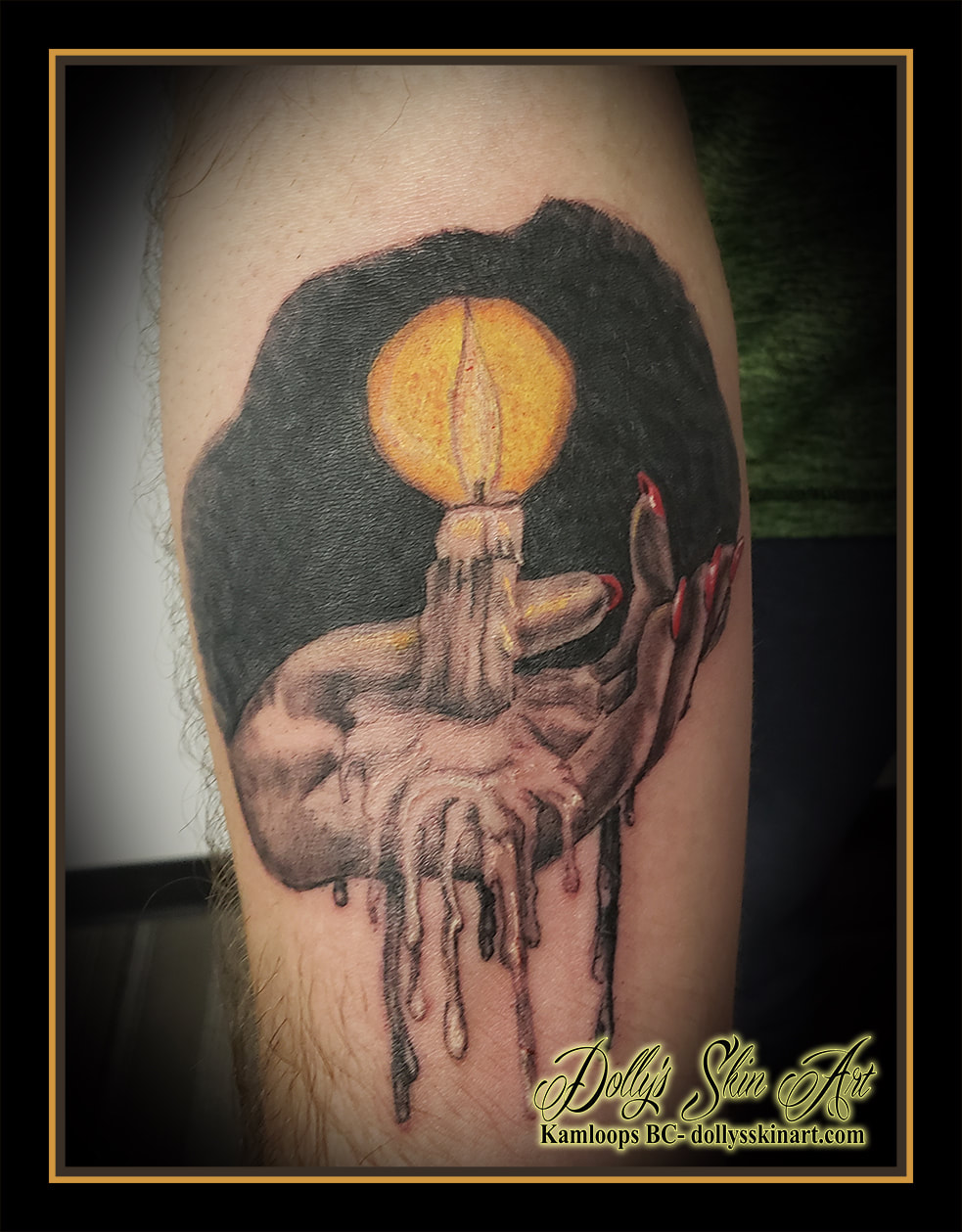 candle tattoo woman's hand holding candle fire wax nails black yellow orange red white shading tattoo kamloops dolly's skin art
