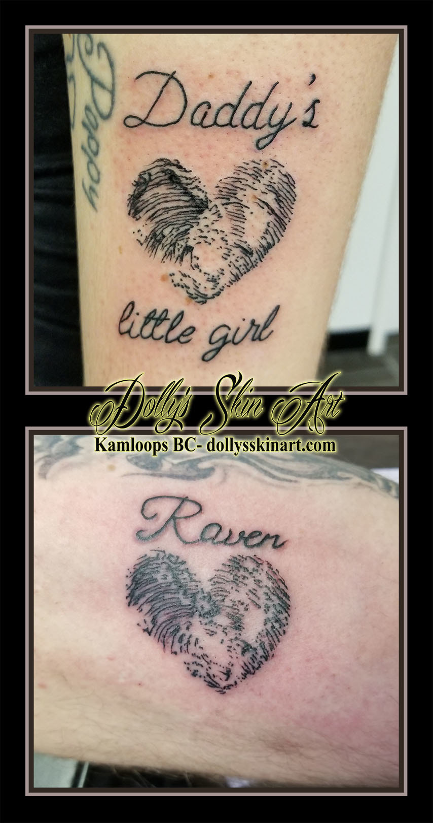 black and grey fingerprint heart father daughter daddys little girl raven matching tattoos kamloops dolly's skin art