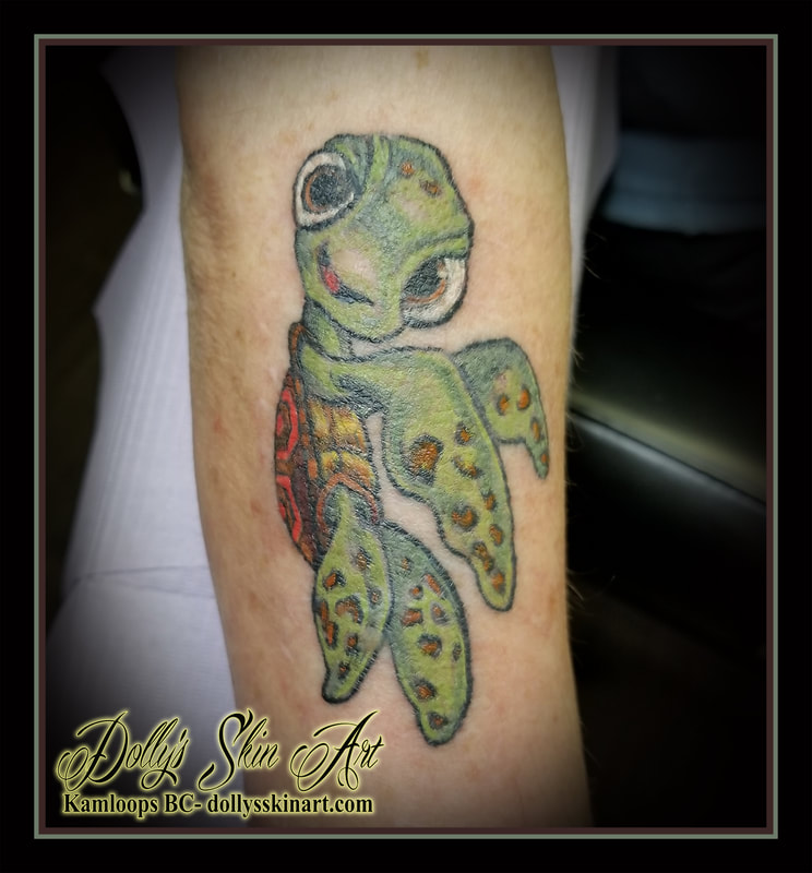 squirt nemo pixar colour cartoon animated add color black and grey cover forearm green white red brown tattoo kamloops dolly's skin art