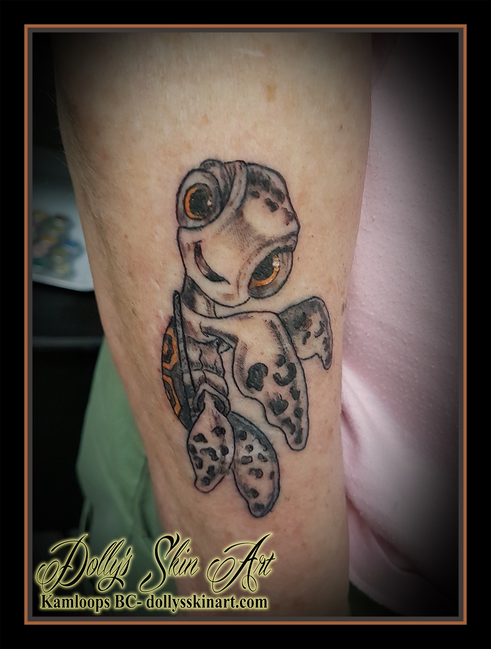 squirt finding nemo cartoon turtle black and grey orange tattoo kamloops dolly's skin art