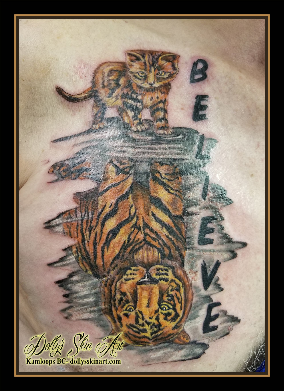 cat tiger tattoo water reflection inspirational believe colour black grey yellow orange white lettering font script chest tattoo kamloops dolly's skin art