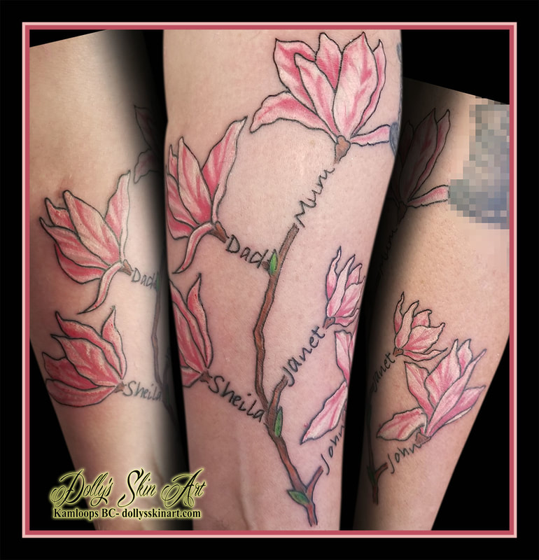 magnolia branch tree family forearm sheila dad mum janet john colour pink white black green brown tattoo kamloops dolly's skin art