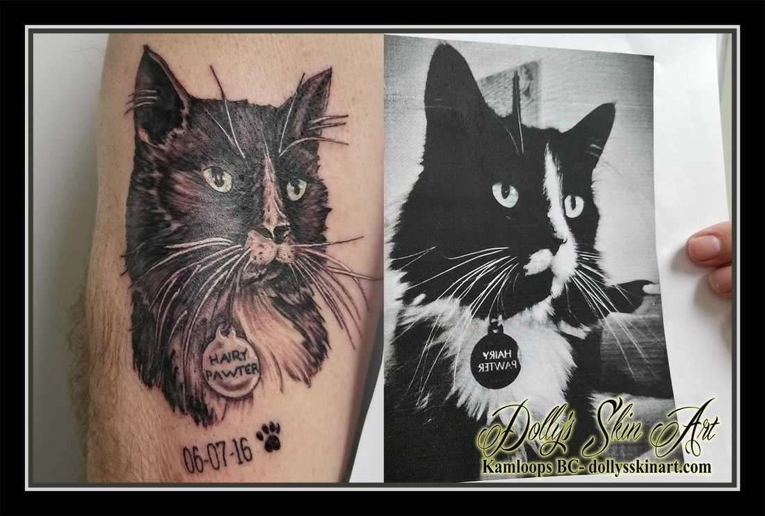 black and grey white cat longhair hairy pawter shaded lettering font dates paw tattoo kamloops dolly's skin art