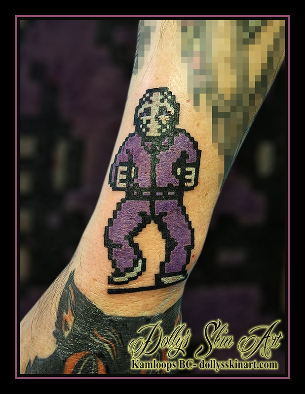 jason voorhees tattoo nintendo nes pixel Friday The 13th purple black white forearm tattoo kamloops dolly's skin art