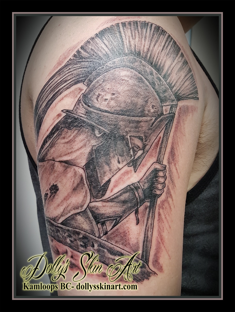 black and grey spartan 300 warrior shading arm tattoo kamloops dolly's skin art