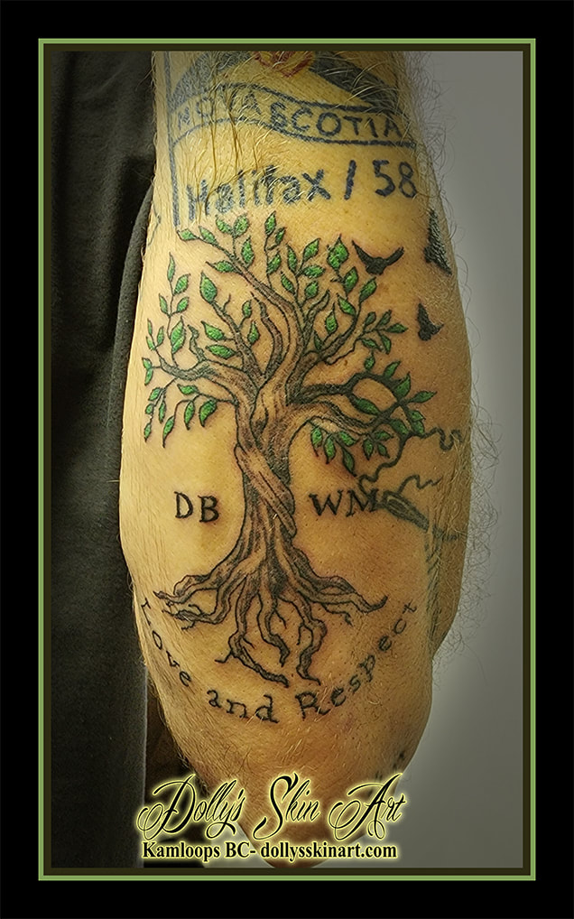 family tree tattoo colour forearm black brown green leaves birds initials love and respect tattoo dolly's skin art kamloops british columbia