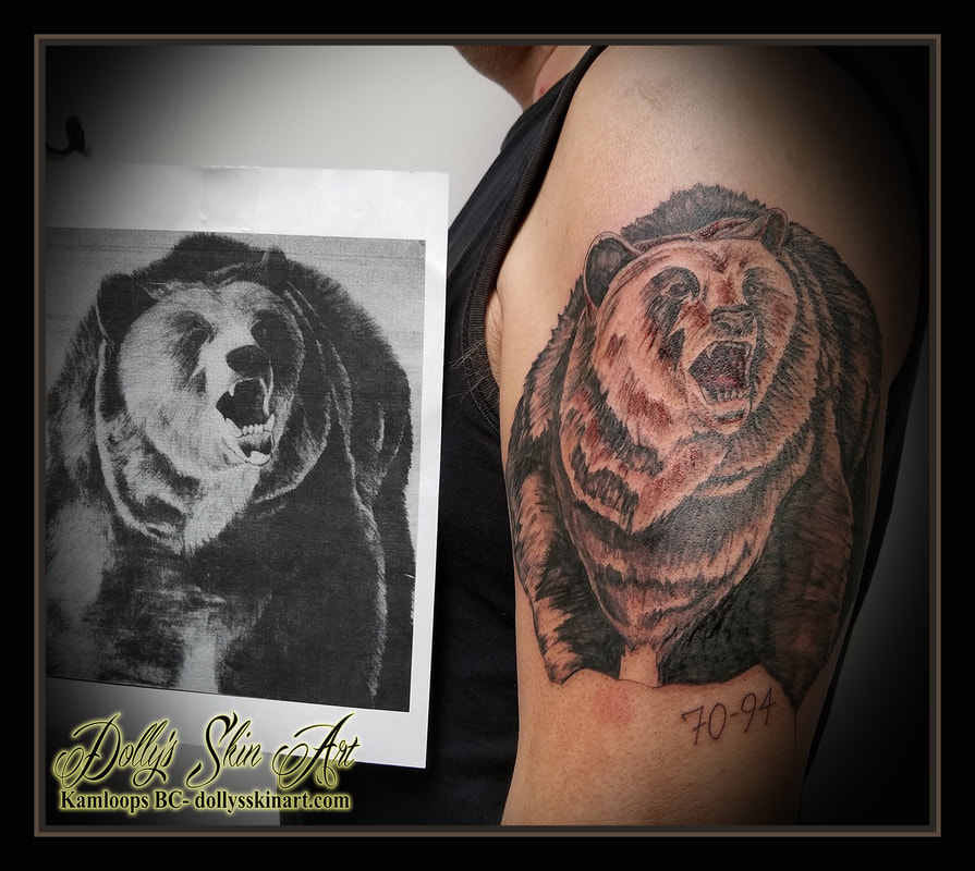 black and grey shading grizzly bear drawing friend memorial shoulder tattoo kamloops dolly's skin art