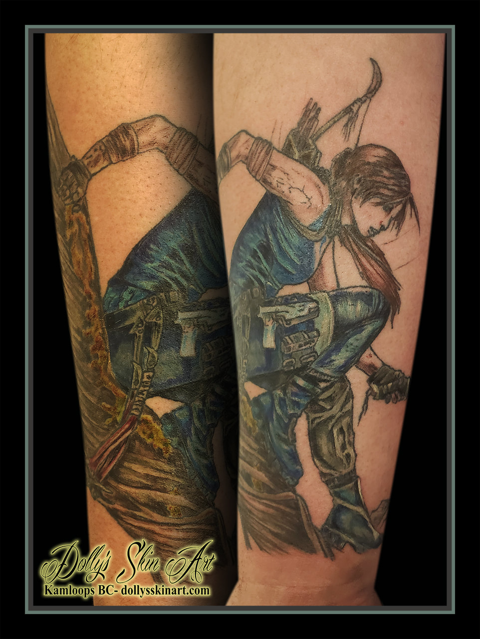 lara croft tattoo tomb raider square enix colour tree gun bow arrow blue brown red black tattoo kamloops dolly's skin art