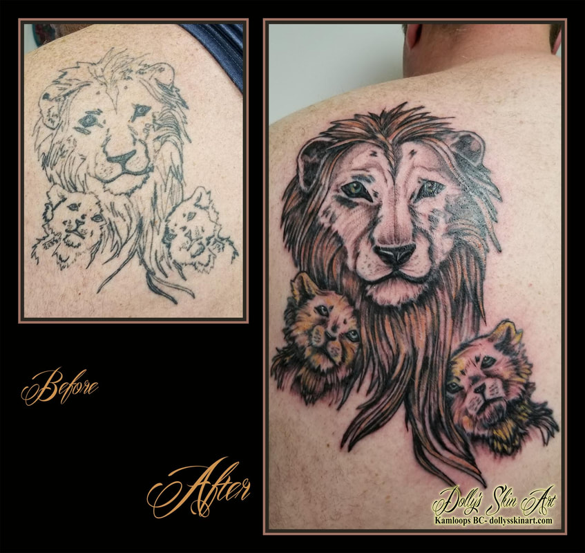 lion pride family father cubs black and grey colour cover up refresh redo rework back shoulder tattoo kamloops tattoo dolly's skin art