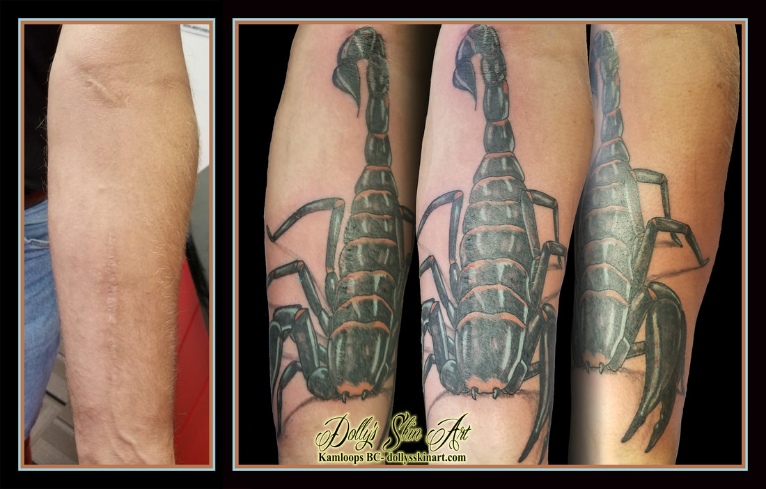 scar cover up forearm scorpion colour black blue orange tattoo kamloops dolly's skin art