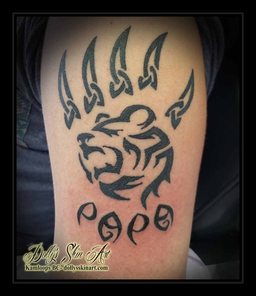 tribal bear tattoo papa lettering script font black paw claw shoulder tattoo kamloops dolly's skin art
