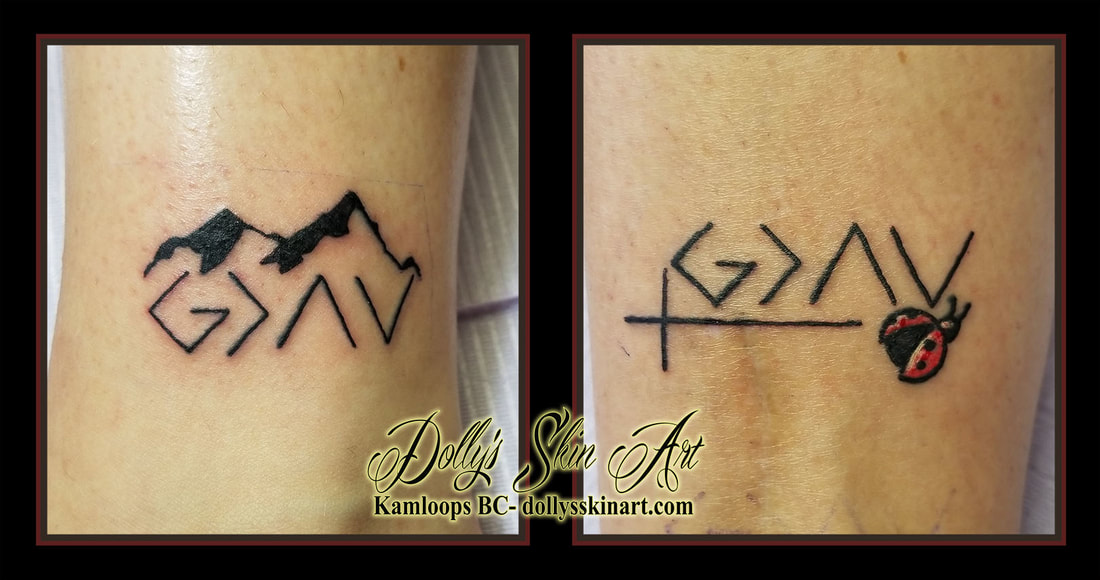 god is greater than ups and downs mountain cross ladybug black red linework mother daughter matching small wrist tattoo kamloops dolly's skin art