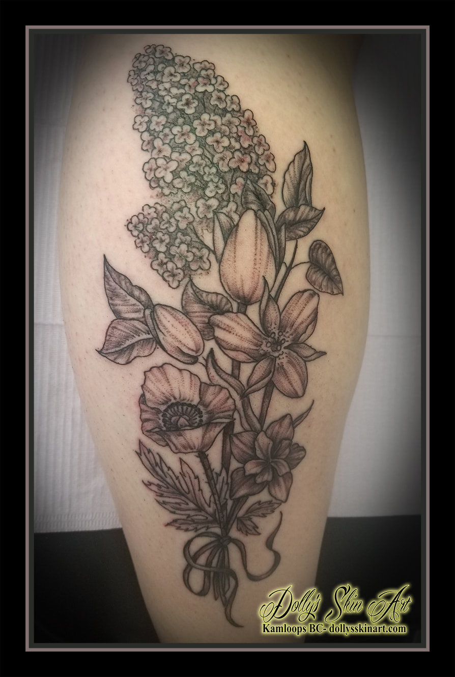 flower tattoo bouquet black and grey lilac tulip poppy floral leg tattoo kamloops dolly's skin art