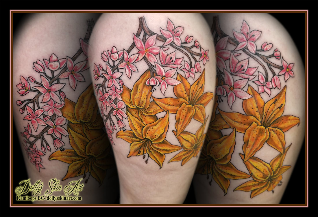cherry blossom lily flowers floral color colour yellow white pink brown thigh leg tattoo kamloops dolly's skin art