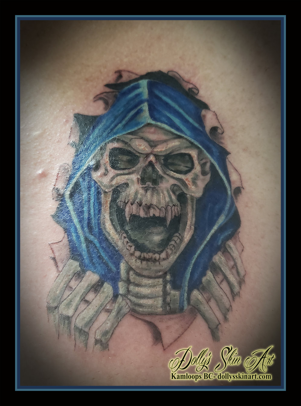 grim reaper tattoo traditional black and grey white blue hood ripping skin tattoo kamloops dolly's skin art