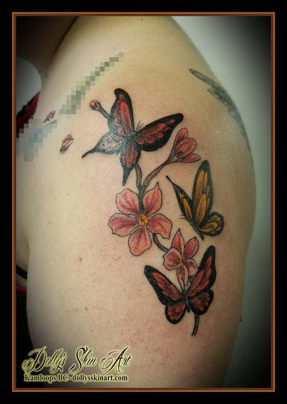 color colour butterflies butterfly cherry blossom pink yellow red shoulder tattoo kamloops dolly's skin art