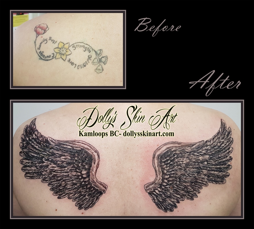 coverup tattoo black and grey feather wings on back shoulders shaded kamloops dolly's skin art