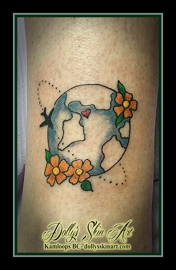 earth tattoo travel airplane around globe colour flowers heart blue black orange green red tattoo dolly's skin art kamloops