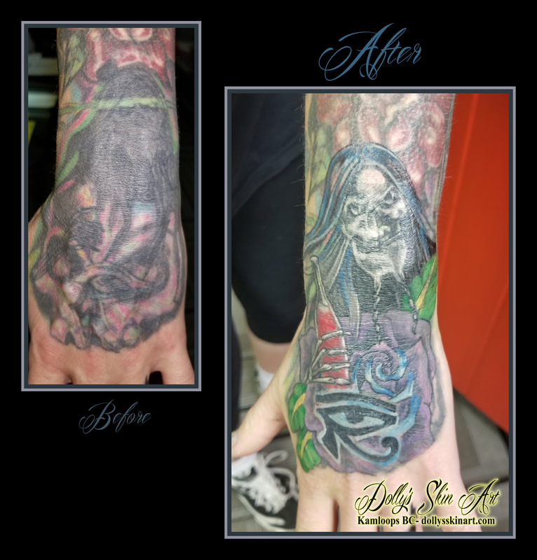 hand cover up tarot undead indeed album cover art skeleton eye of ra rose bottle purple red white green blue black tattoo kamloops tattoo dolly's skin art