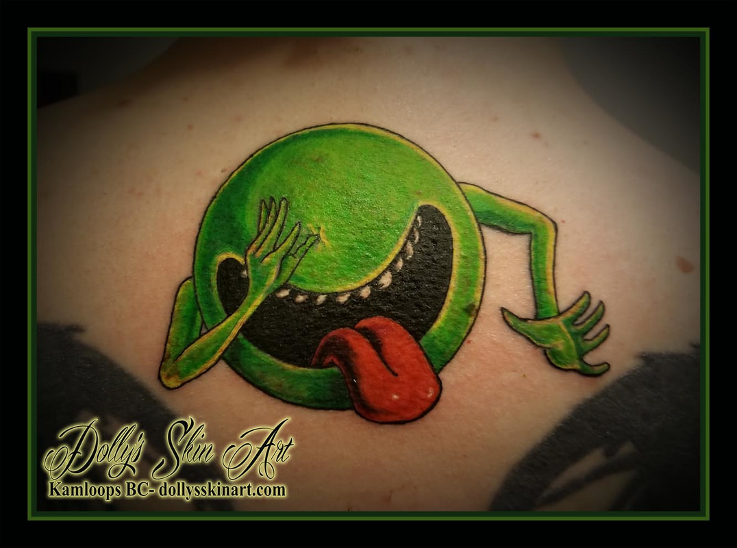 hitchhiker's guide to the galaxy h2g2 douglas adams cosmic cutie jeremy pacman colour green red book cover tattoo kamloops dolly's skin art