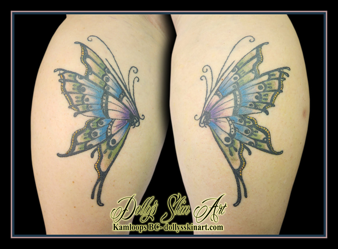 butterfly wing tattoo calf colour green blue yellow purple black tattoo dolly's skin art kamloops