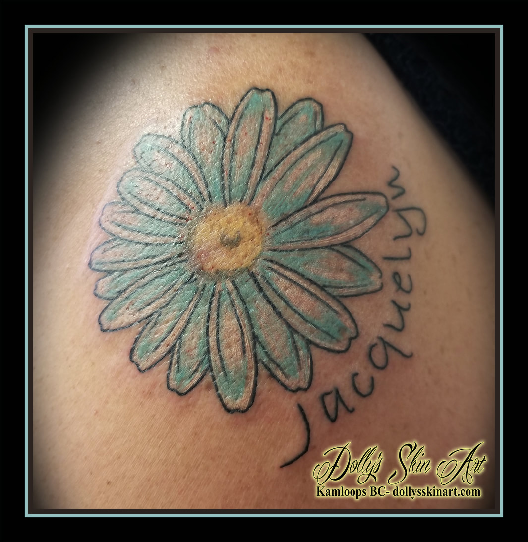 flower tattoo birth flower floral blue yellow white lettering font script Jacquelyn colour tattoo kamloops dolly's skin art