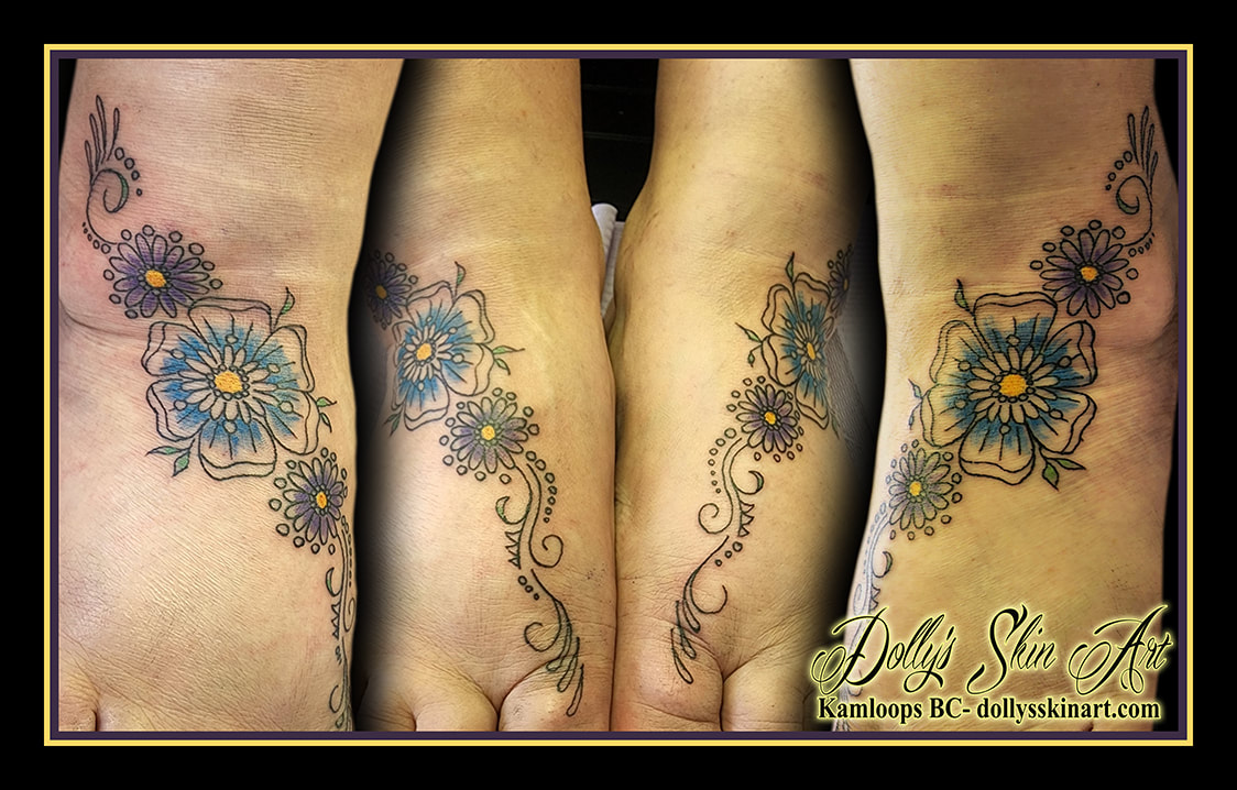 flower tattoo foot ankle filigree floral colour blue purple yellow black tattoo dolly's skin art kamloops