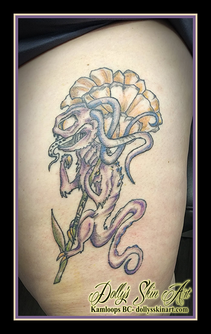 dragon tattoo colour thigh green black purple yellow orange blue tattoo dolly's skin art kamloops