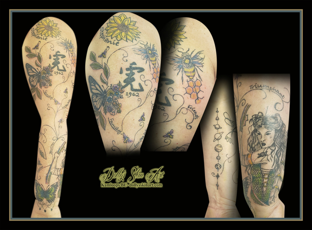 goddess of the hunt tattoo sleeve solar system butterfly bee filigree honeycomb wildflowers tattoo kamloops dolly's skin art
