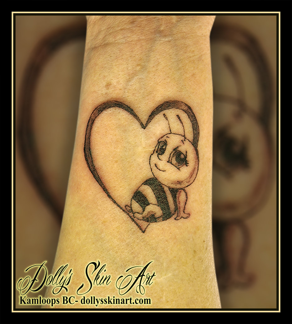 bee tattoo black and grey shading arm heart cute cartoon tattoo dolly's skin art kamloops british columbia