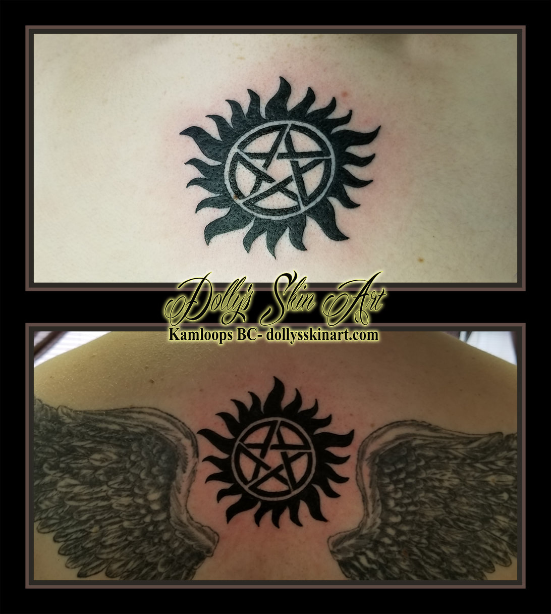 Supernatural logo black back matching sun pentagram tattoo kamloops tattoo dolly's skin art