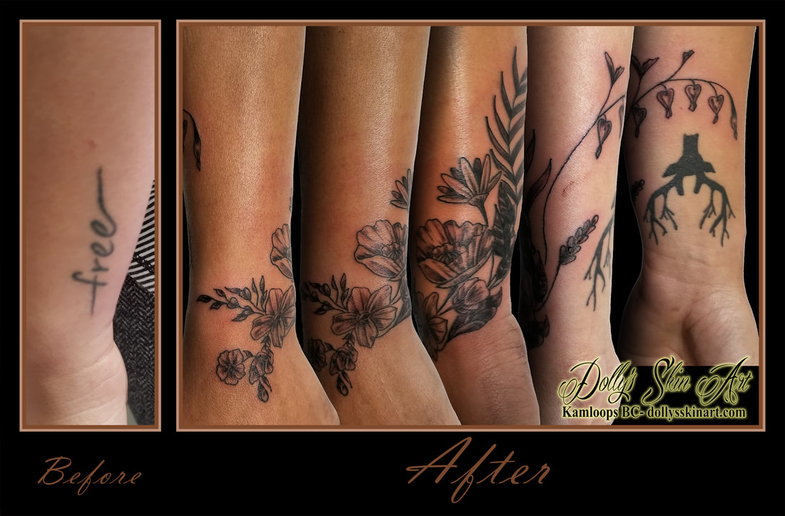 black and grey floral flower coverup bouquet wrist kamloops tattoo dolly's skin art