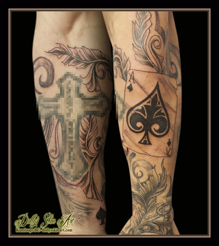ace of spades tattoo playing card black and grey shading arm feather filigree background filler tattoo kamloops dolly's skin art