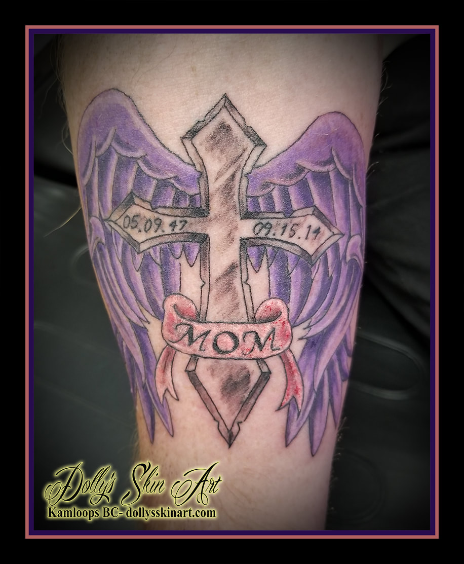 mom cross angel wings purple banner dates memorial shading lettering font tattoo kamloops dolly's skin art