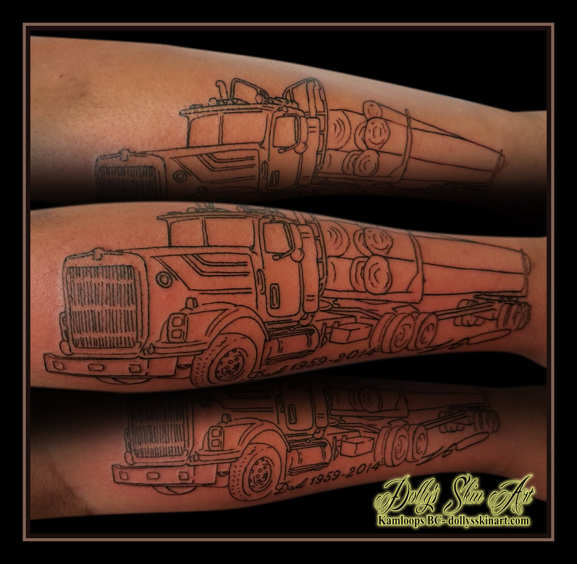 logging truck black linework outline semi tractor memorial forearm dad lettering font 1959 2014 tattoo kamloops tattoo dolly's skin art