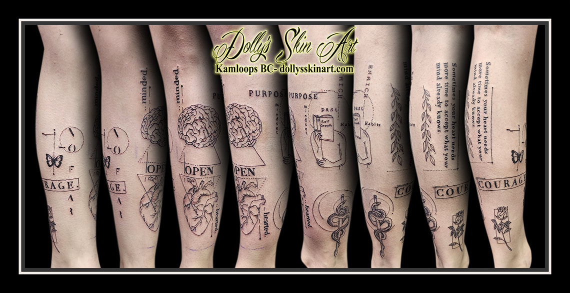 leg tattoo butterfly courage open brain heart minded purpose no fear snake enrich past habits mindset sometimes your heart needs more time to accept what your mind already knows rose torso black line work abstract triange tattoo dolly's skin art kamloops british columbia