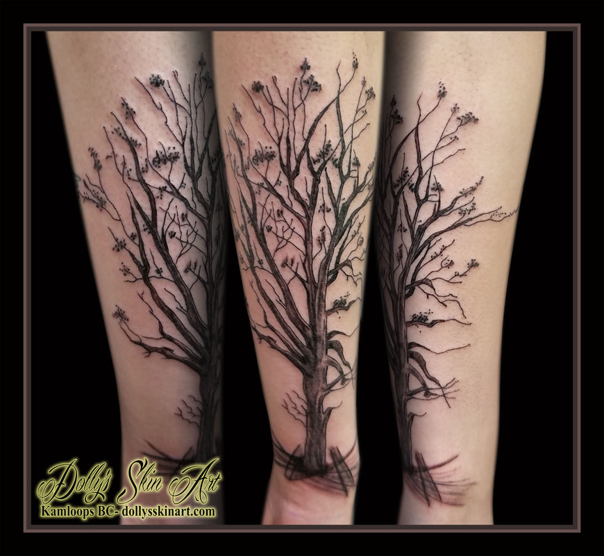 black and grey linework shaded fruit orchard tree cross hatch forearm sleeve addition tattoo kamloops dolly's skin art