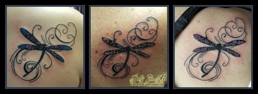 black simple dragonfly pink blue shoulder matching family tattoo kamloops dolly's skin art
