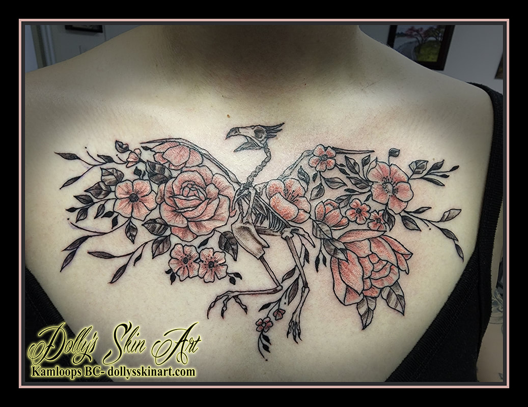 phoenix skeleton flowers tattoo chest floral black and grey shading pink colour tattoo dolly's skin art kamloops