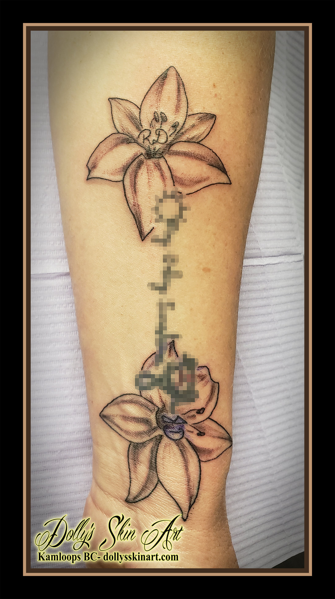 flower tattoo family black and grey floral shading initials forearm tattoo kamloops dolly's skin art