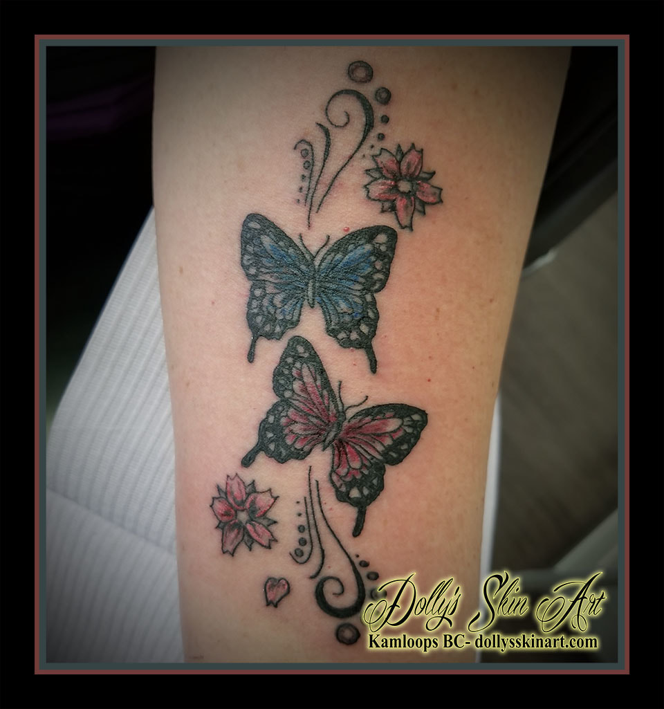 butterfly filigree cherry blossom pink blue black colour tattoo kamloops dolly's skin art